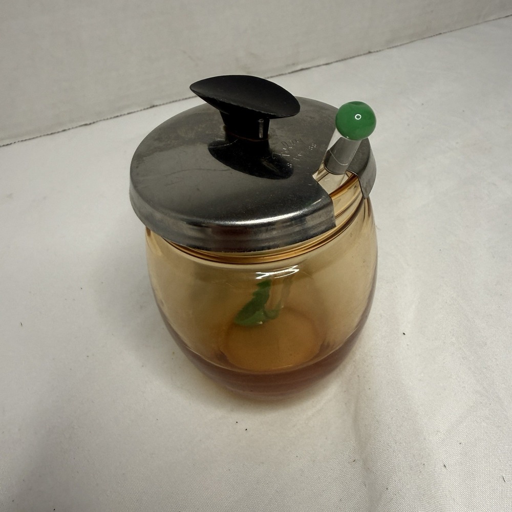 VTG Retro MCM Amber Condiment Olive Martini Serving Jar Green Glass Spoon 4"